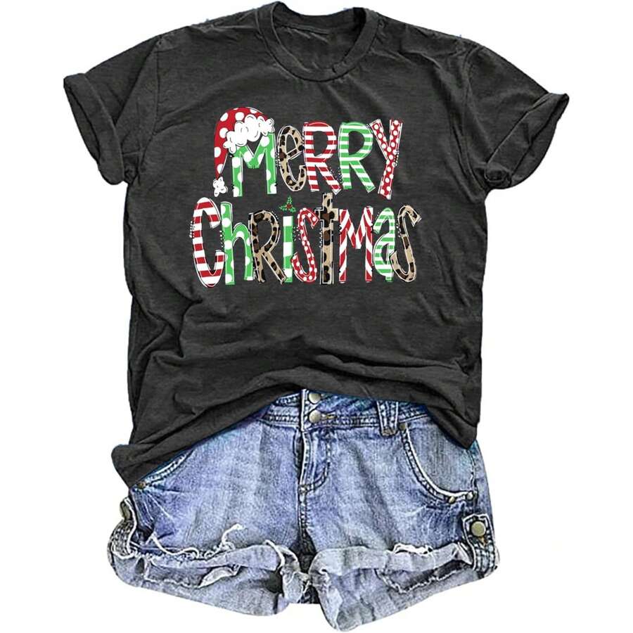 100% Cotton Merry Christmas Shirt, Christmas Tree Shirt, Womens Oversized Graphic T-Shirts, Cute Winter Tops, Christmas Family Shirt, Christmas Gift, Womens Casual Round Neck Short Sleeve Tee 1pcs Fashion Shirt