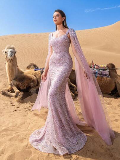 Faeriesty Haute Glamour Luxury Sweetheart Neck Pearl Embellished Cape Sleeves Mermaid Hem Beaded Formal Dresses & Evening Gowns