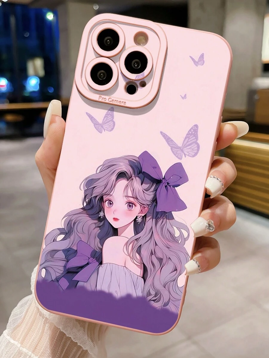 1pc Purple Girl Camera Shockproof Phone Case Compatible With Apple, /Compatible With Galaxy, Compatible With Infinix, Compatible With Redmi, Compatible With OPPO, Compatible With VIVO, Compatible With Realme Waterproof Anti-Fall Scratch Resistant,International Version, Not The Domestic Version - Pink - View 1