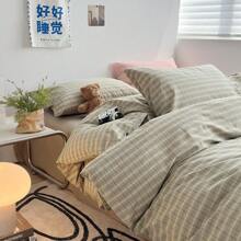 3件绿格子色织被套套件 日式简约风母婴安全级透气舒适柔软吸湿适用居家卧室双人床拉链被套公寓单人床套装 1个被套+2个枕套（不含芯） - 水洗棉 日落綠 - 查看 4