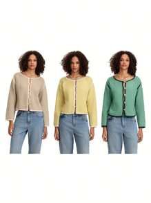 Women's Long-Length Wide-Sleeve Knitted Cardigan With Contrast Color Stitching And Button-Front Closure