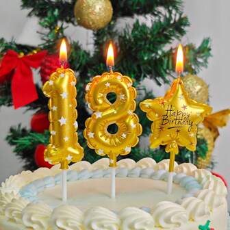 1pc Gold Digital Candle, 0-9 Shape, Star Candle, Birthday Party Cake Decoration Candle, Suitable For Birthday Cake Decoration, Wedding Anniversary, Graduation Party, New Year Party, Digital Candle.