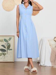 Women Long Dress, Sleeveless Turn-Down Collar Button-Down Casual Party Summer A-Line Dress - Light Blue - View 8