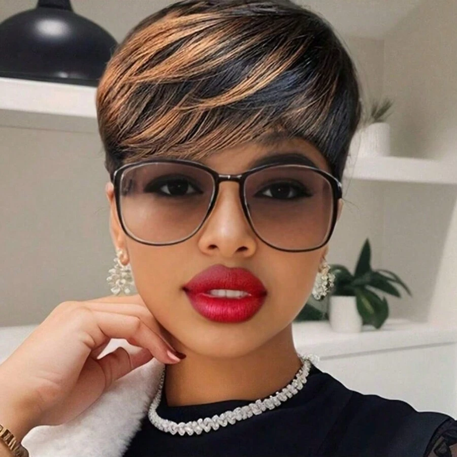 Pixie Cut Wig For Short Cut Wig Black Mixed With Red Curly Wigs Natural Black Mixed Red Pixie Cut Wig Synthetic Short Wigs For Women