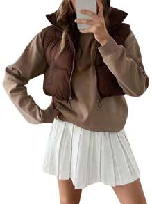 Puffer Vest For Women Sleeveless Winter Cropped Outerwear Warm Puffer Lightweight Stand-Up Collar Down With Pockets - Coffee Brown - View 2