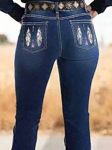 Plus Size Women Skinny Side Embroidery Flare Jeans Casual Spring - Dark Wash - View 6