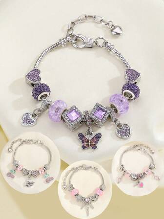 1pc Modern Youth Chain Bracelet, Purple Crystal Butterfly, Pink Swan & Heart Dreamcatcher Beads Pendant Bracelet, Cute Gift For Girls & Students