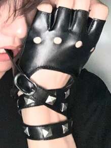 Cyberpunk Gothic Rivet Studded Half Finger Faux Leather Gloves, Punk Rock Fingerless Military Style - Multicolor - View 7