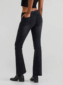 Women Fashion Flare Jeans Solid Color Stretch Denim Pants Spring Autumn Casual Slim Bell Bottoms Trousers - Black - View 9