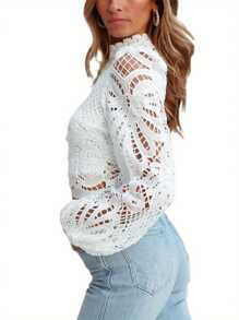 Women White Crochet Lace Shirts Lantern Long Sleeve Hollow-Out Elegant Blouse Back Zipper Slim Fit Tops - trắng - Xem 7