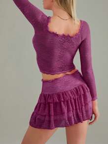 Women Lace Skirt Set Fairycore See Through Off Shoulder Long Sleeve Crop Tops And Mini Skirt Suit 2 Piece Outfits Streetwear - 紫色 - 查看 2