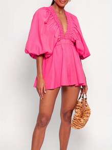 Women Deep V-Neck Rompers Solid Color/Plaid Bubble Sleeve Summer Short Jumpsuits Playsuits Streetwear - Hot Pink - View 5
