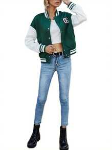 Girls Long Sleeve Jacket, Autumn Ladies Leisure Style Color Matching Stand Collar Baseball Uniform Tops Single-Breasted Coat - Green - View 5