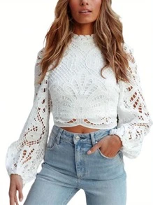 Women White Crochet Lace Shirts Lantern Long Sleeve Hollow-Out Elegant Blouse Back Zipper Slim Fit Tops - trắng - Xem 5
