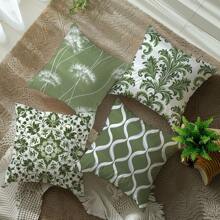 4 件套绿色简约日常莫里斯图案靠垫套，单面印花桃色天鹅绒材质，45*45/50*50/40*40 厘米枕套，适用于现代布艺沙发，室内装饰，派对装饰，礼物