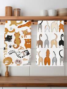 2 Stück Katzen Muster Küchentücher, Cartoon geometrische Katzen Küchentücher, Landhausstil Geschirrtücher, Geschirr Abtrocknungstücher, Teehandtücher, geeignet für Winterküche & Badezimmer Dekoration - Weiss - Übersicht 1