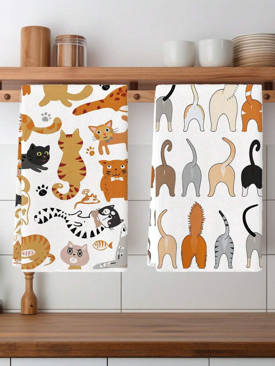 2 Stück Katzen Muster Küchentücher, Cartoon geometrische Katzen Küchentücher, Landhausstil Geschirrtücher, Geschirr Abtrocknungstücher, Teehandtücher, geeignet für Winterküche & Badezimmer Dekoration - Weiss - Übersicht 1