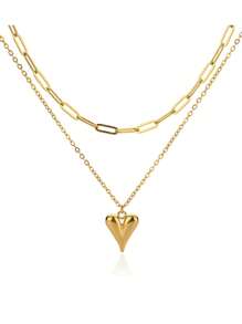 1 pieza Collar con colgante de corazón de acero inoxidable de doble capa, color dorado que no se desvanece, adecuado para uso diario - collar - Ver 6