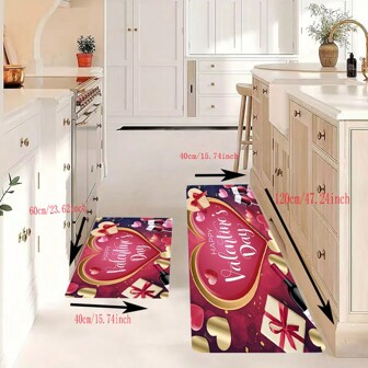 1-2 piezas Alfombra rectangular con patrón de corazón en rojo, de tela de poliéster, fácil de limpiar, duradera, antiadherente, decorativa y de buen aspecto para la habitación, antideslizante, resistente al aceite, impermeable, de absorción y secado rápidos, adecuada para el cuarto de baño, la cocina, el cuarto de lavandería, la entrada, el comedor, el dormitorio, el interior, accesorios, aplicable para el Día de San Valentín y todas las estaciones