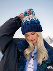 1pc Women Bohemian Rainbow Contrast Color Knit Hat, Autumn/Winter Fashion Versatile Double Layer Warm Knitted Hat With Large Pom Pom, Outdoor Ski Cycling Sport Earwarmer Cap - Multicolor - View 5