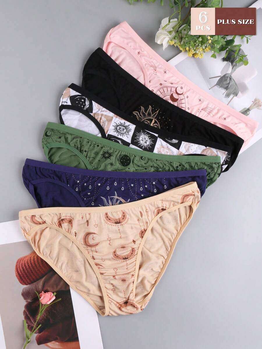 6 piezas Bragas de talla grande para mujer de talle bajo con estampado de sol, luna y estrellas, sexy y de moda, con estiramiento y elevación, suaves y cómodas, aptas para uso diario