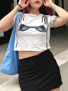 Women Crop Tops Bra Print Short Sleeve Round Neck Casual T-Shirts Summer Slim Fit Shirts Streetwear