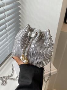 1pc Chain Drawstring Closure PVC Shiny Sequin Bucket Bag With Metal Pearl Decor, Colorful Glitter Women Party Evening Clutch Shoulder Crossbody Lipstick Holder, Fashion Gift For Party Outfit - Silver - View 3