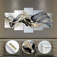 5pcs/Set Abstract Ribbon Canvas Wall Art - Black And Gold Threads Modern Landscape Printing Set, Art Deco Coastal Style For Living Room, Bedroom, Bathroom, Dining Room, Office Decoration, Posters, Wall Art, Room Decoration Stuff Gifts Birthday Graduation - Multicolor - View 9
