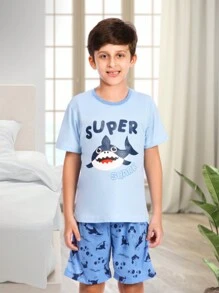 Pijama Masculino Infantil Shark Conjunto Short e Camiseta Tubarão Personagens