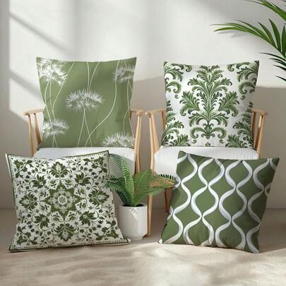4pcs Green Simple Daily Morris Pattern Cushion Cover Set, Single-Sided Printed Peach Velvet Material, 45*45/50*50/40*40CM Pillow Case For Modern Fabric Sofa Indoor Decor, Party Decor, Gift