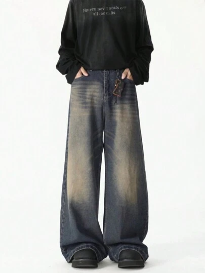 1条男士时尚宽松复古水洗阔腿休闲牛仔裤（不含腰带和配饰）