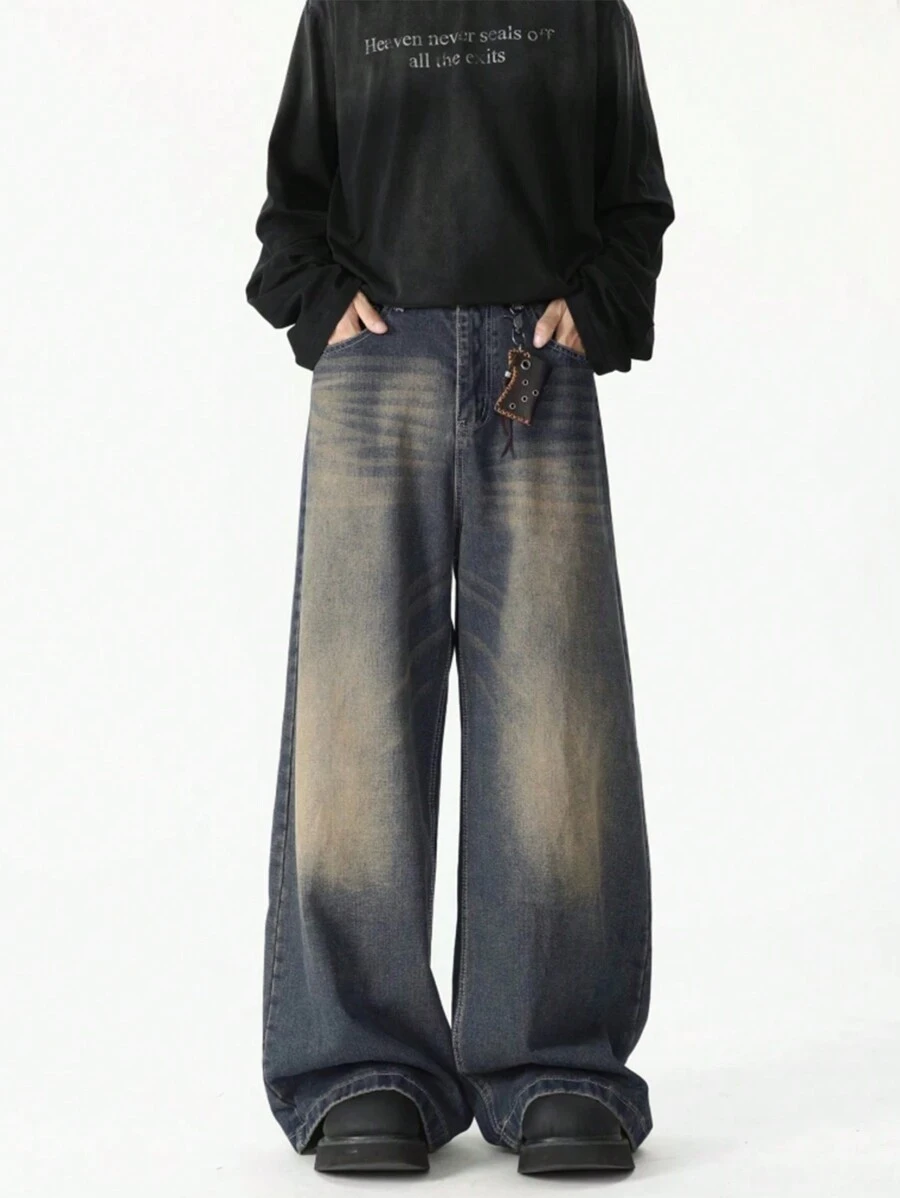 Calça jeans masculina casual, estilo retrô vintage, modelagem ampla e lavagem especial (sem cinto e acessórios). - Azul Empoeirado - Ver 1