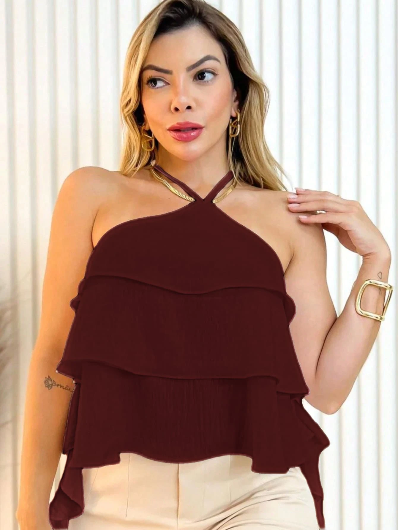 Ruffled Cropped Blouse Layered Tie Front Fashion Super Shipping!! - Burgundy - View 1