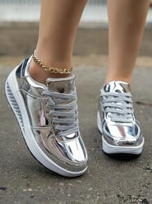 2024 女士厚底厚底坡跟运动鞋，防滑耐磨休闲运动鞋，金色 - 銀色 - 查看 6