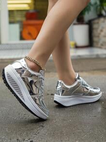 2024 女士厚底厚底坡跟运动鞋，防滑耐磨休闲运动鞋，金色 - 銀色 - 查看 8