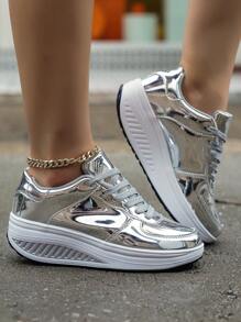 2024 女士厚底厚底坡跟运动鞋，防滑耐磨休闲运动鞋，金色 - 銀色 - 查看 7