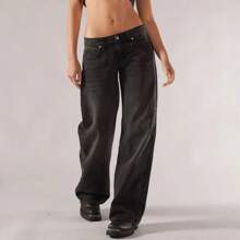 Women's Fall Jeans With Pockets Fashion Loose Fit Casual Solid Low Rise Wide Leg Denim Pants - 深灰色 - 查看 3