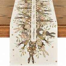 Bunny Eggs Carrot Leaves Easter Table Runner, Eucalyptus Point Bunny Spring Polka Dot Table Decoration, Bunny Bunny Ears Flower Spring Holiday Farmhouse Blue Linen Interior Home Table Decoration - Multicolor - View 2