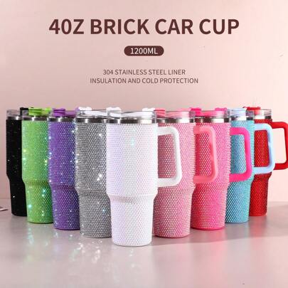 Taza de viaje aislada de vacío de acero inoxidable de 40 Oz con diseño de diamante brillante, con asa, tapa y pajita, adecuada para automóviles, viajes, regalos de cumpleaños, regalos de Año Nuevo para amigos, regalos del Día de San Valentín para novio o novia, incluye cepillo para tazas