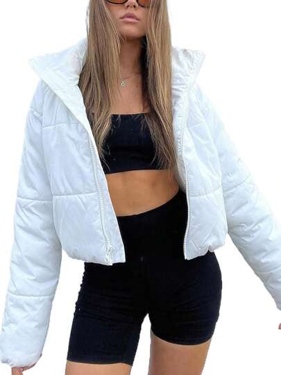 Women's Fall Winter Outerwear, Solid Color Cotton Clothes Zipper Long Sleeve Jacket Coat/Sleeveless Vest Waistcoat