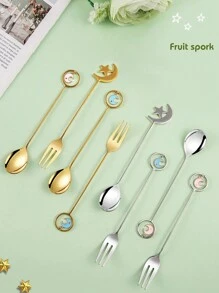 1 套 304 不锈钢甜点蛋糕水果勺叉礼盒套装，包含 2 把勺子和 2 把叉子，适合居家庆祝、餐厅、甜品店、聚会和作为礼物