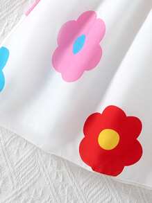 Rochie de fete tinere, stil casual, dulce, culoare solidă, cu nervuri, guler rotund, mâneci bufante, cu funde, imprimeu floral curcubeu, tiv, rochie de primăvară/vară pentru fete, rochie de vacanță în aer liber - Multicolor - Vizualizare 7