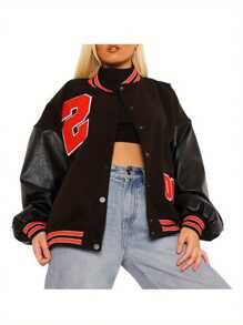 Women Oversized Baseball Jackets, Fashion Leather Long Sleeve Letter Embroidery Jackets - Red - View 6