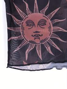 Women See-Through T-Shirts Mesh Crop Top Transparent Moon Star Print Tee - Black - View 3