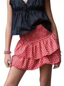 Women Mini Skirt, Elegant High Waist Pleated Printed Ruffled Layered Skirt Summer A-Line Skirt Streetwear - Red - View 1