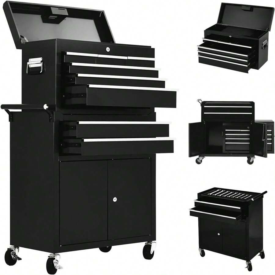 GOCAPTAIN 24" Tool Chest,Tool Storage Removable Tool Box Combo,Rolling Tool Chest With 8 Drawers & Detachable Top Tool Box,Tool Cabinet With Lockable Wheels And Liner,Toolbox For Garage And Workshop - Black - View 1