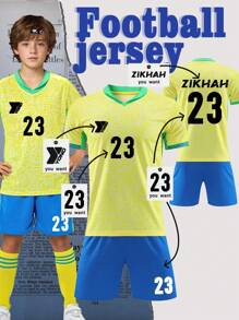 Customizable Brazilian Style Youth Football Set, Suitable For Children Aged 8-12- Personalized Jersey And Shorts Set With Customizable Logo, Numbers, And Text Content - Yellow - View 2