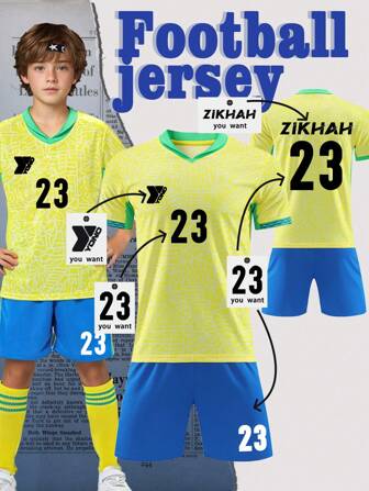 Customizable Brazilian Style Youth Football Set, Suitable For Children Aged 8-12- Personalized Jersey And Shorts Set With Customizable Logo, Numbers, And Text Content