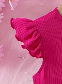 Rochie de fete tinere, stil casual, dulce, culoare solidă, cu nervuri, guler rotund, mâneci bufante, cu funde, imprimeu floral curcubeu, tiv, rochie de primăvară/vară pentru fete, rochie de vacanță în aer liber - Multicolor - Vizualizare 4