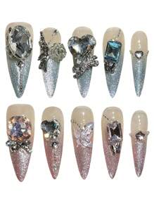 10Pcs Nude Long Fake Nails With Blue Pink Tip Natural Unbreakable Nail Simple Wear For Daily And Parties Wearing Press On Nails Nail Supplies Nails